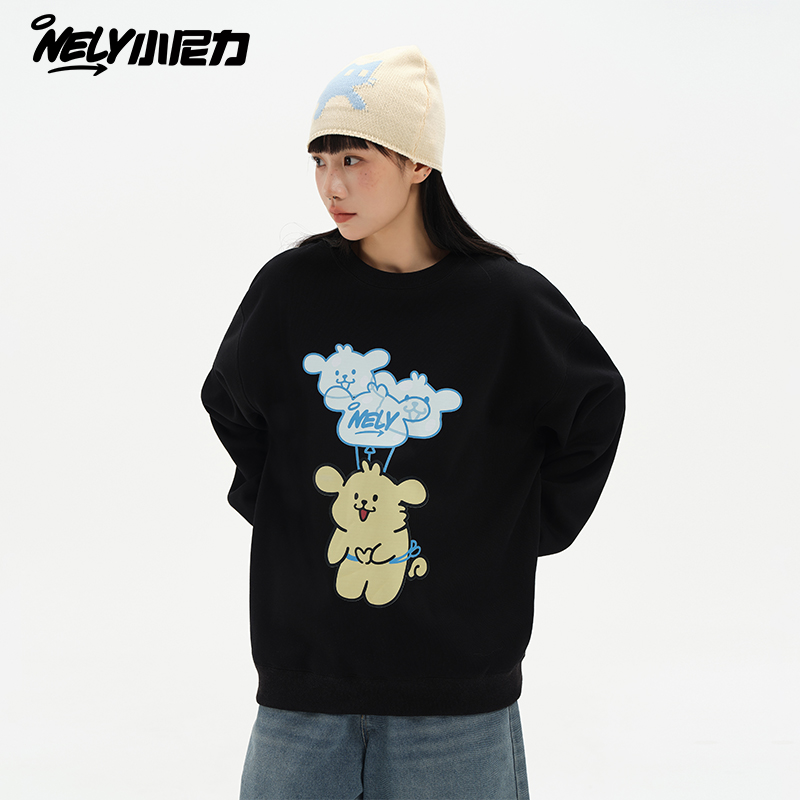 NELY小尼力可爱卡通小狗印花圆领卫衣2025新款秋冬加绒上衣男女潮
