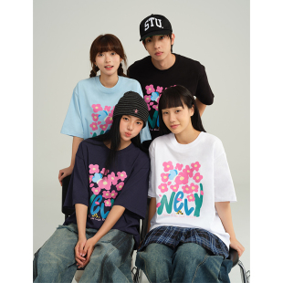 原宿学院风百搭休闲纯棉圆领T恤衫 潮牌潮流2026新款 字母小花短袖