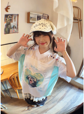 NELY小尼力多巴胺可爱猫咪拼接V领短袖t恤女夏季国潮宽松运动球衣