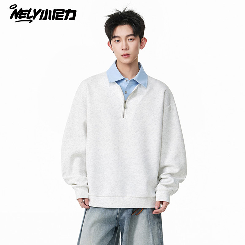 小尼力假两件POLO卫衣男秋季宽松撞色长袖miu系半拉链情侣外套