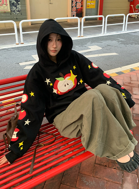 小尼力重工刺绣秋美式趣味苹果星星连帽卫衣男女慵懒宽松休闲外套