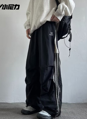 NELY小尼力美式拉链伞兵工装裤男三条杠宽松潮牌阔腿机能休闲裤子