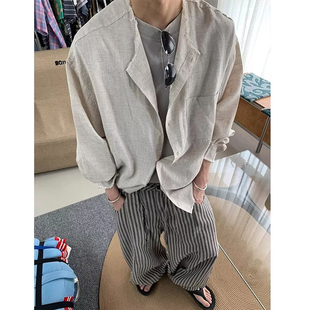 做旧衬衣秋季 vintage美式 宽松潮牌休闲外套 男长袖 废土风无领衬衫