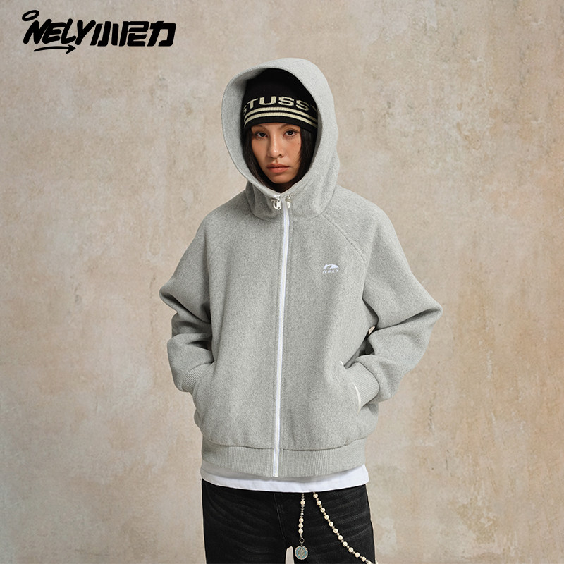 NELY小尼力国潮牌羊毛连帽毛呢卫衣秋季男女宽松情侣拉链帽衫外套