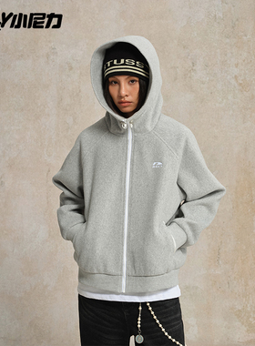 NELY小尼力国潮牌羊毛连帽毛呢卫衣秋季男女宽松情侣拉链帽衫外套