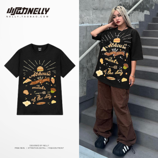 夏季 美式 高街t恤男ins潮牌新款 宽松暗黑系情侣装 上衣 复古涂鸦短袖