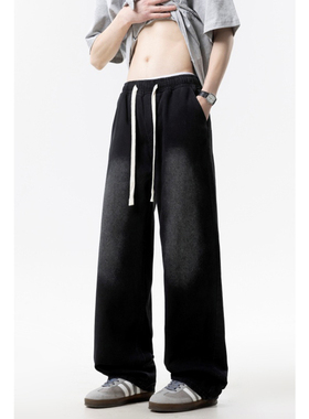 黑色牛仔裤男士夏季新款薄款长裤宽松直筒阔腿裤男生休闲裤子男款