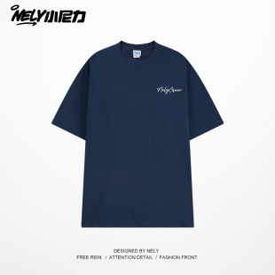 青少年重磅五分袖 手写字母短袖 复古小领口t恤男夏季 100%纯棉美式