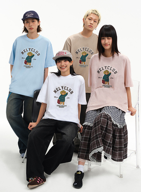 美式春夏重磅潮牌小熊印花圆领纯棉男女情侣短袖t恤宽松百搭上衣