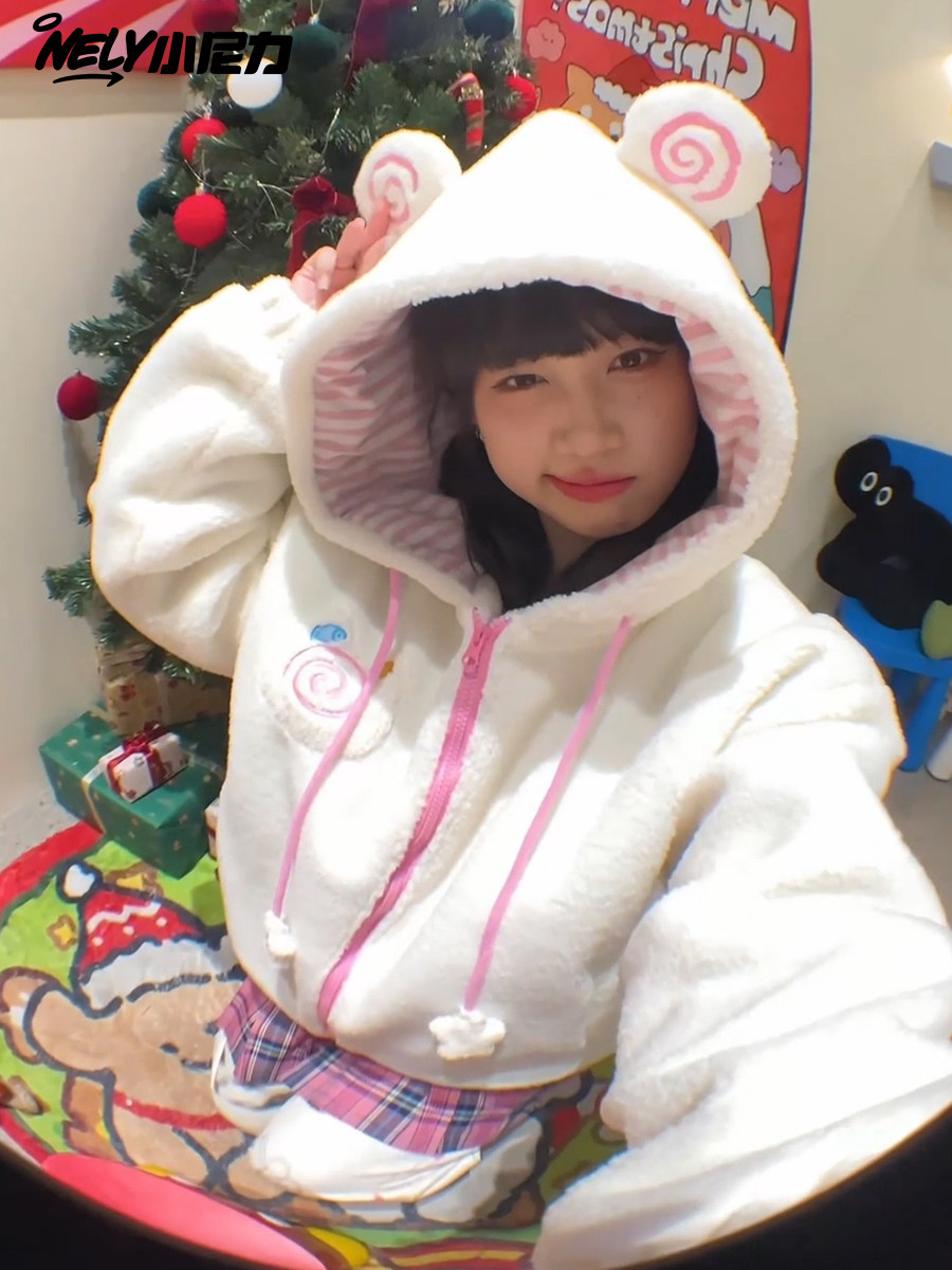 Spring New Sweet and Cute Fish Cake Ears Lamb Wool Cotton Coat Women's Warm Hooded Jacket Trendy