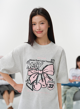 NELY小尼力字母蝴蝶结樱桃印花短袖t恤夏季学院风纯棉体恤潮男女