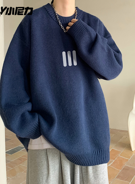 美式复古慵懒风毛衣男冬季加厚潮牌圆领针织衫oversize情侣毛线衣