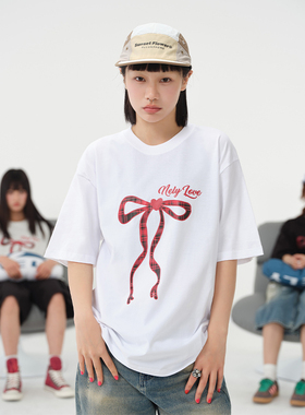 NELY小尼力立体蝴蝶结印花短袖t恤男女夏季新款宽松纯棉学生上衣