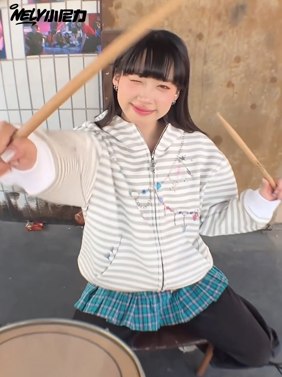 Y2K Rabbit Ear Cute Striped Hooded Sweatshirt for Women, Spring and Autumn Casual Cardigan Jacket