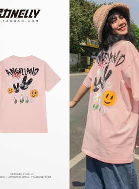 夏季新款bf风印花短袖T恤男宽松网红情侣潮牌ins半袖上衣男女bf风