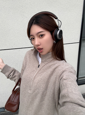 ins美式立领情侣卫衣男秋潮牌复古半拉链上衣设计感重磅运动外套