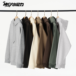 NELY小尼力美式 潮 420g重磅连帽卫衣男女秋冬宽松加绒情侣纯色帽衫