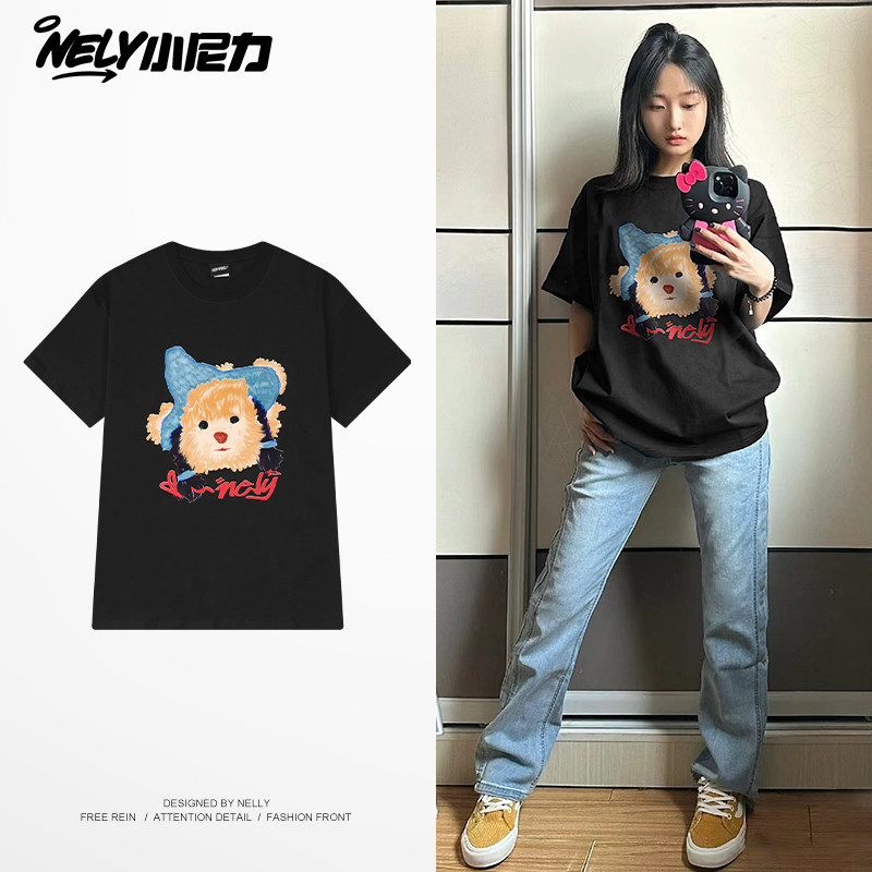 NELY小尼力国潮狗狗印花纯棉短袖t恤男女夏季2026新款ins宽松上衣