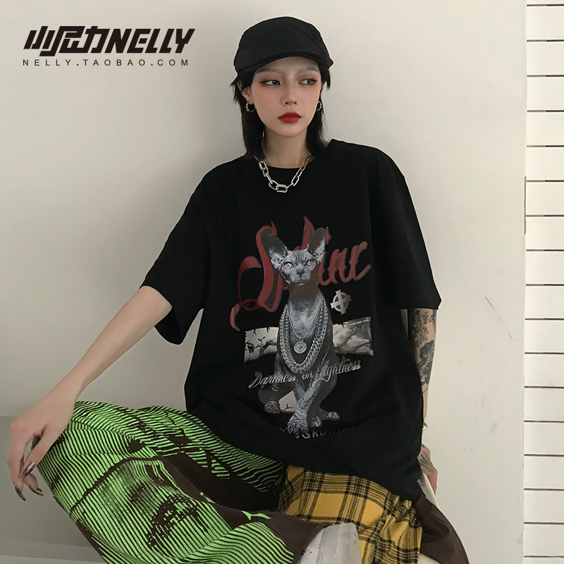 25ss潮流ins暗黑风复古无毛猫ins网红二次元动漫印花短袖T恤bf风