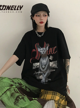 26ss潮流ins暗黑风复古无毛猫ins网红二次元动漫印花短袖T恤bf风