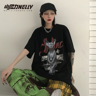 26ss潮流ins暗黑风复古无毛猫ins网红二次元 T恤bf风 动漫印花短袖