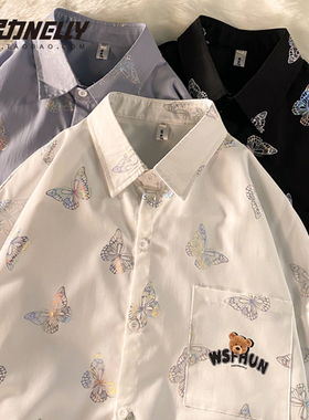 长袖衬衫男女秋季潮小熊ins外套设计感小众港风百搭蝴蝶反光衬衣