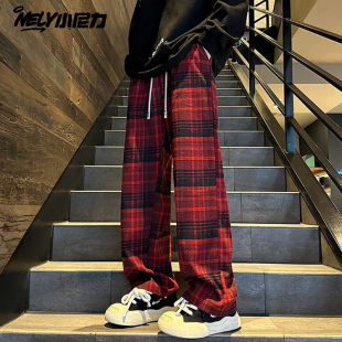 美式复古格子休闲裤男春季重磅潮牌宽松长裤vibe高街百搭直筒卫裤