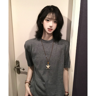 复古boxy半截袖 老钱风正肩针织短袖 纯色小领口t恤美式 夏季 男女款