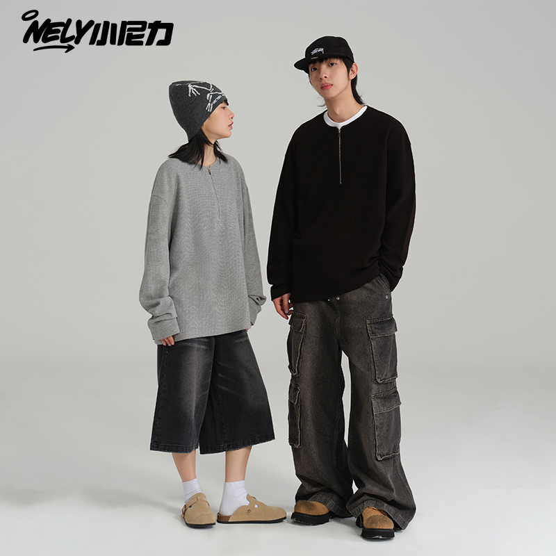 NELY小尼力美式复古华夫格半拉链长袖t恤男女春秋宽松百搭上衣服