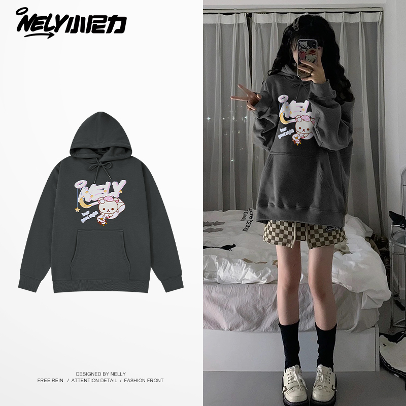 卡通字母印花加绒连帽卫衣