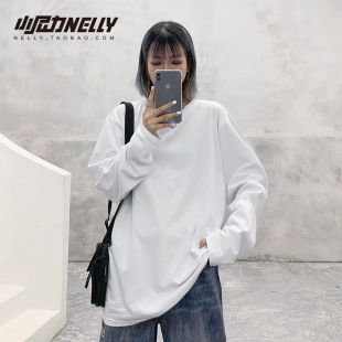 秋冬潮牌白色长袖 t恤男女纯棉港风ins百搭宽松慵懒风chic上衣内搭