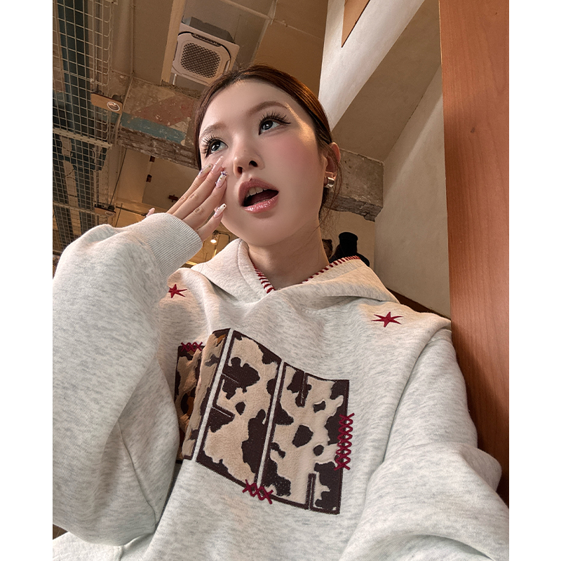 国潮美式毛绒豹纹贴布连帽卫衣男女秋冬季街头情侣设计感刺绣帽衫