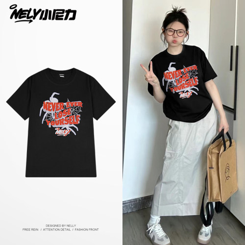 美式复古字母蜘蛛短袖宽松小众