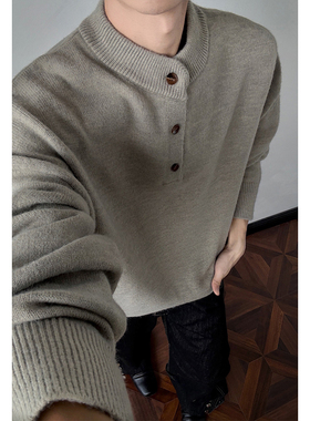 小尼力复古纯色亨利领毛衣秋季潮牌高级感休闲百搭套头针织上衣