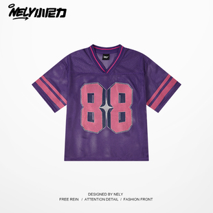 网眼透气V领短袖t恤男女款夏季美式复古冰丝球衣潮牌街头运动体恤