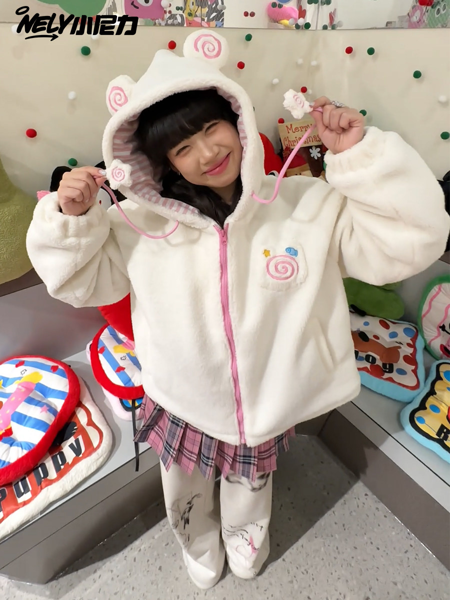 Spring New Sweet and Cute Fish Cake Ears Lamb Wool Cotton Coat Women's Warm Hooded Jacket Trendy