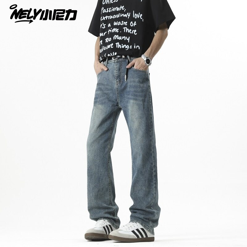 小尼力高街水洗牛仔裤男春秋季美式做旧阔腿长裤设计感直筒裤子,男装,休闲裤,淘宝优惠券,粉丝福利购,淘宝优惠卷