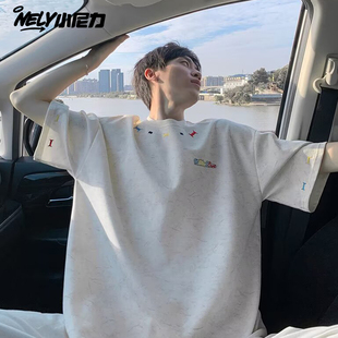 重磅刺绣T恤短袖男款夏季冰丝凉感美式复古潮流宽松半袖体恤上衣