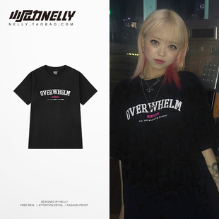 纯棉黑色t恤男女短袖 上衣夏bf ins潮宽松复古chic超火cec网红半袖