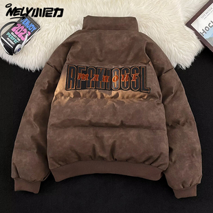 复古美式 加厚嘻哈PU皮情侣棉衣男 街头鹿皮绒立领棉服字母刺绣冬季