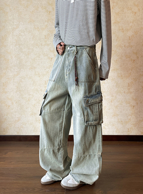 水洗复古口袋工装嘻哈牛仔裤男士春秋高街潮牌直筒宽松阔腿长裤子