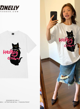 美式猫咪字母短袖t恤男女重磅高街国潮牌情侣宽松半袖纯棉T恤上衣
