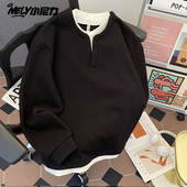 美式 打底衫 重磅华夫格卫衣男秋季 潮牌高街百搭上衣亨利领圆领长袖