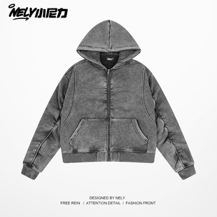 潮牌拉链开衫 型连帽卫衣男女秋季 外套 做旧boxy版 小尼力复古美式