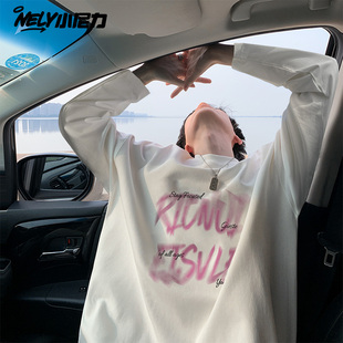 美式纯棉长袖t恤男士秋冬季宽松大码卫衣白色内搭上衣男生打底衫