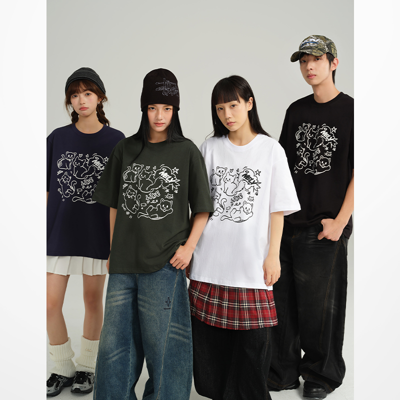 小尼力卡通趣味猫咪印花短袖