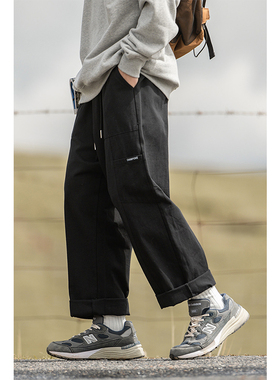 男士日系直筒宽松休闲裤工装裤夏季薄款纯棉青少年潮牌男生长裤子