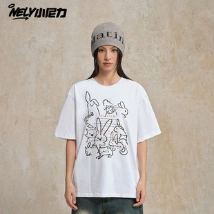 NELY小尼力美式 T恤男女潮牌bf上衣服ins 复古兔子猫咪印花纯棉短袖
