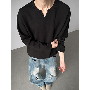 白色内搭男 春秋潮牌痞帅cleanfit长袖 小尼力亨利领T恤打底衫 男款