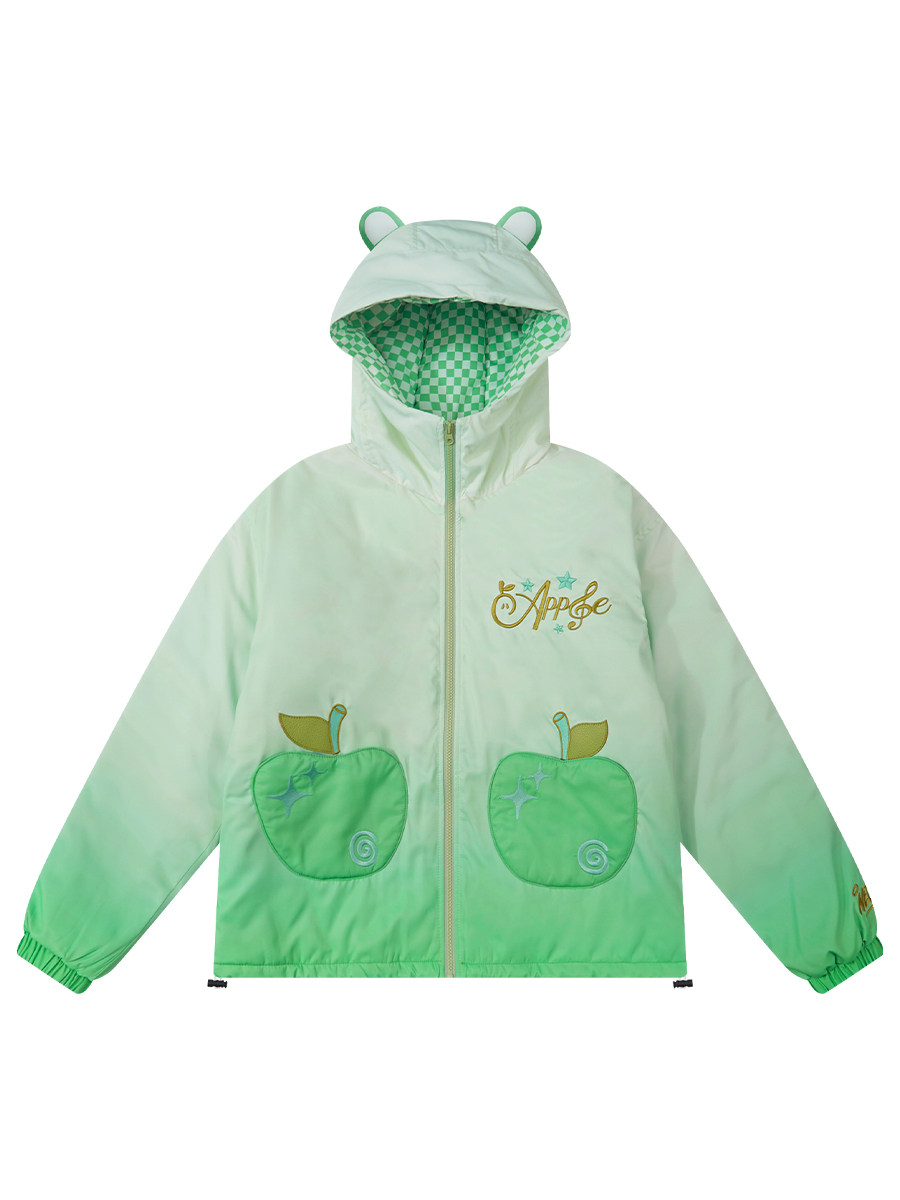 Creative Green Apple Paradise Hooded Cotton Jacket for Women, Winter Loose Fit, Warm and Thickened Cotton Coat, Trendy